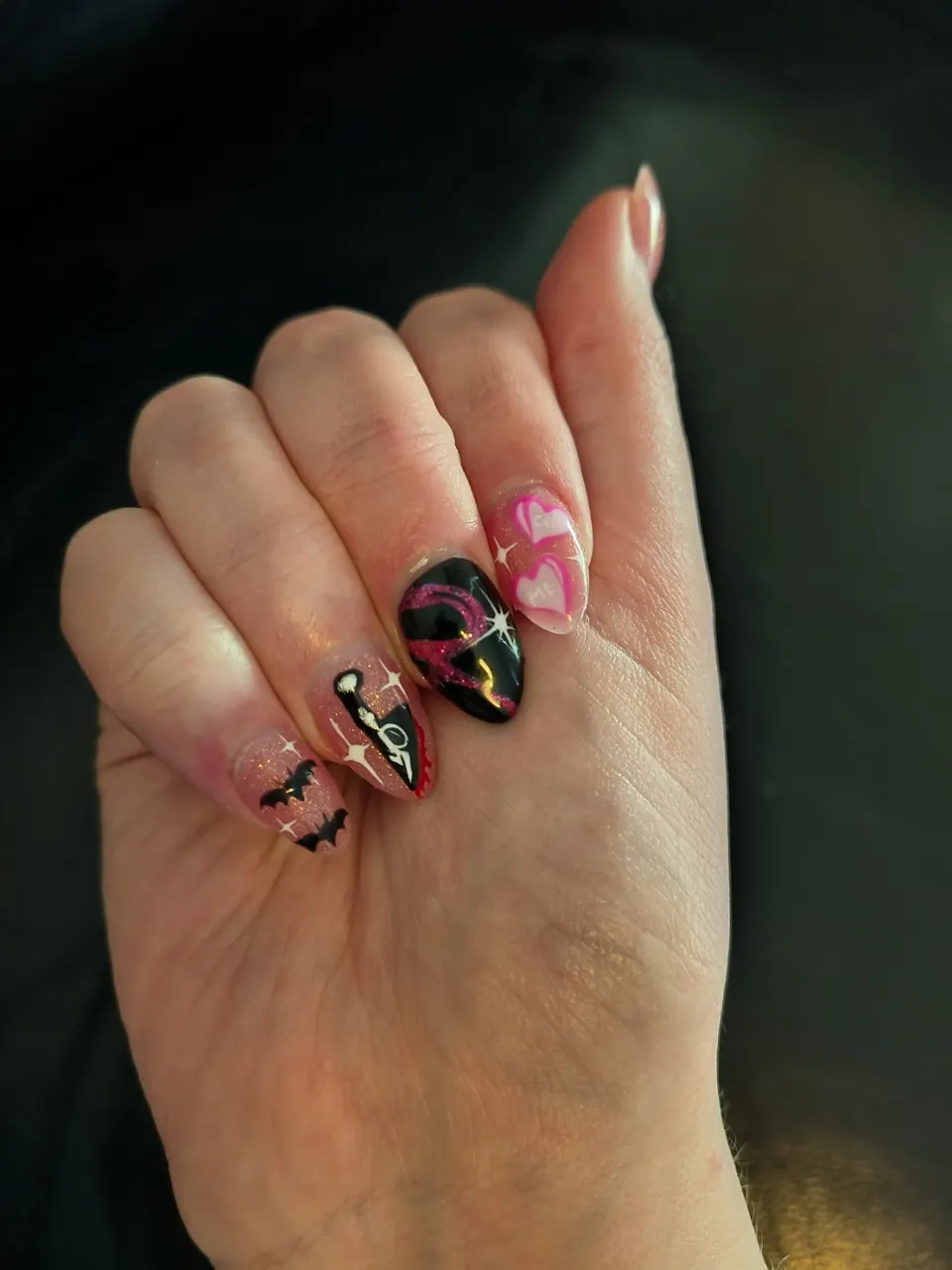 Black nail art with florals